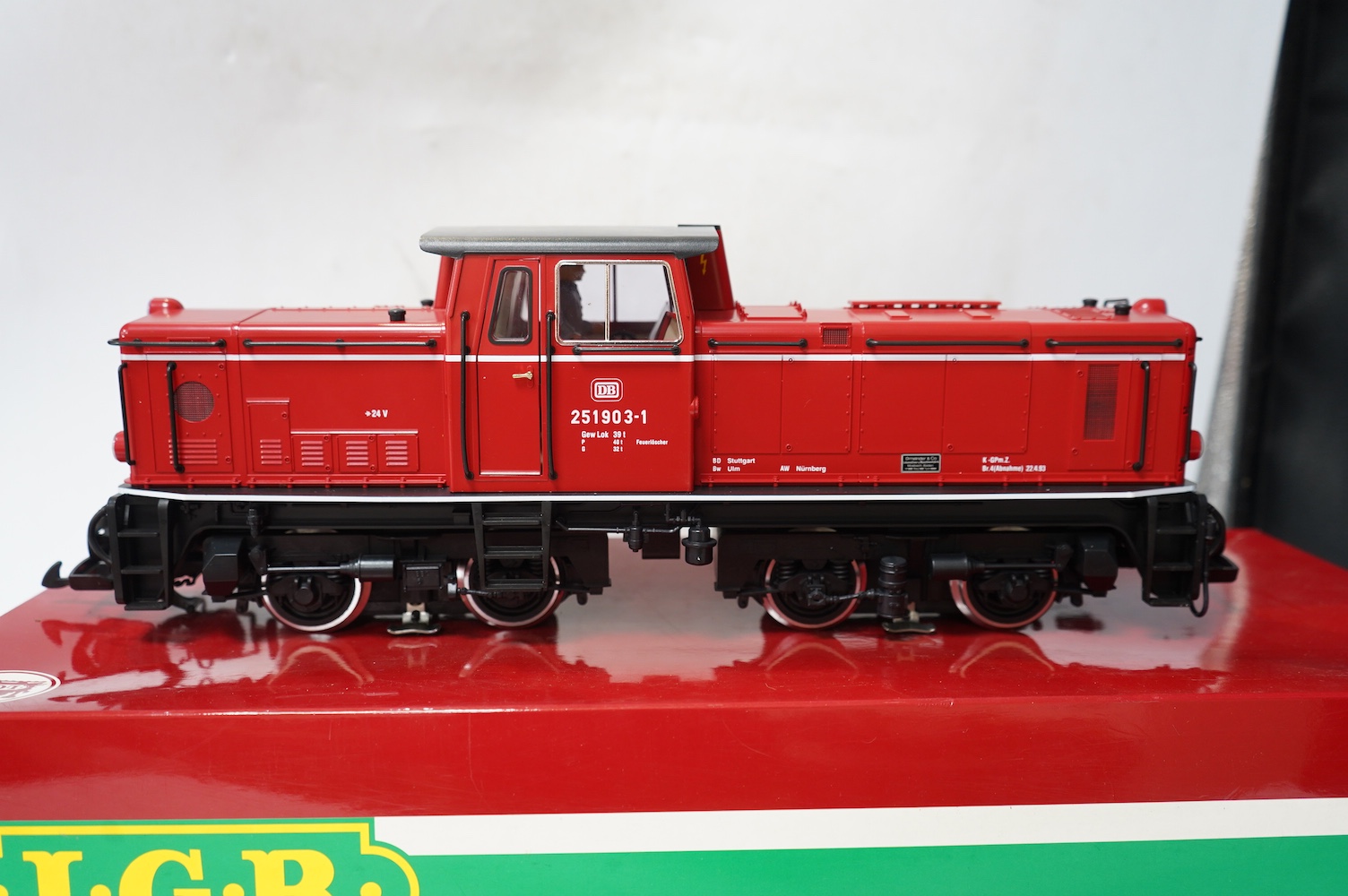 A boxed Lehman LGB (21510) G scale railway DB diesel locomotive, 251903-1, in red livery. Condition - good, evidence of very minor running wear only.